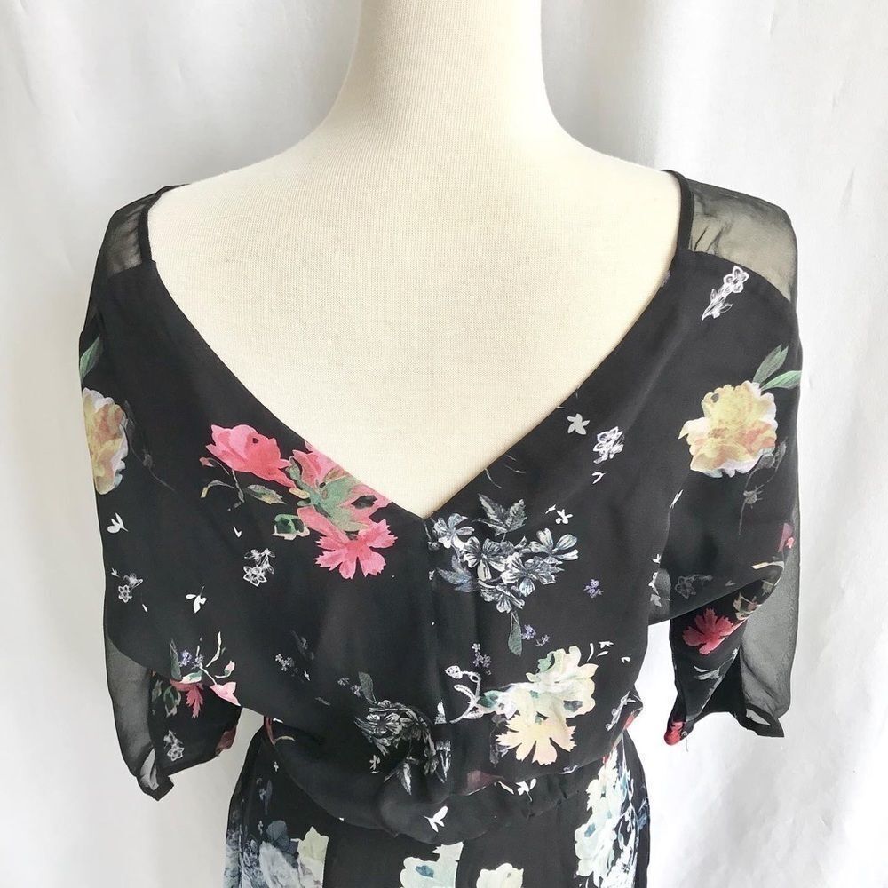 French Connection Sheer Garden Floral Midi Dress Black Mesh Size 2 Romantic Goth - Picture 7 of 11